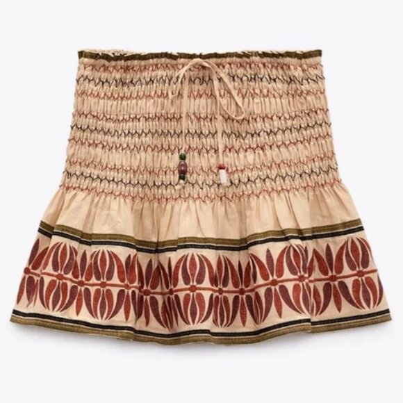 NEW Zara Boho Linen-Blend Embroidered Smocked Ruffle Mini Skort Skirt, Size XS - Picture 10 of 16